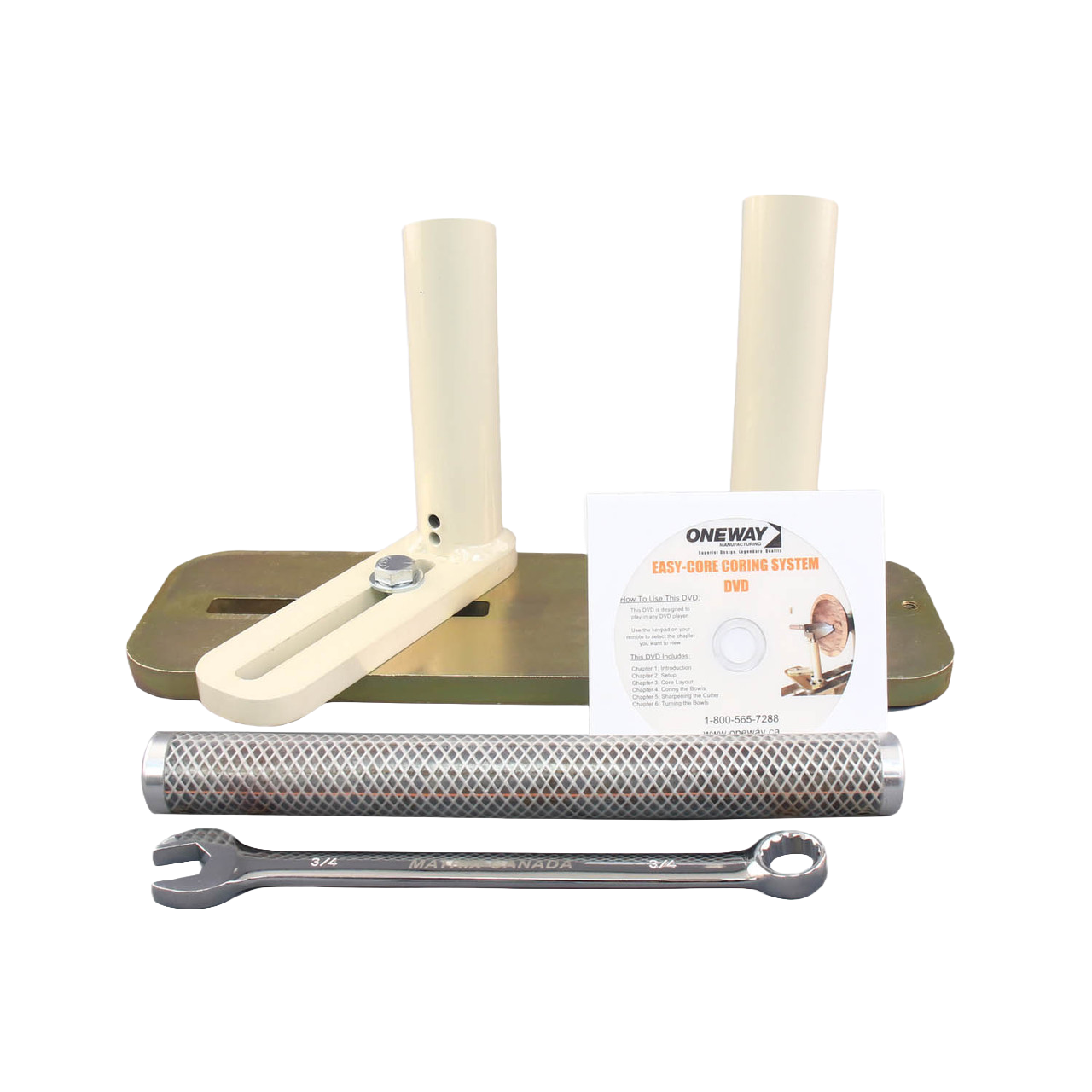 Metal and plastic woodworking coring tool set with wrench and instructional DVD for precision bowl turning tasks