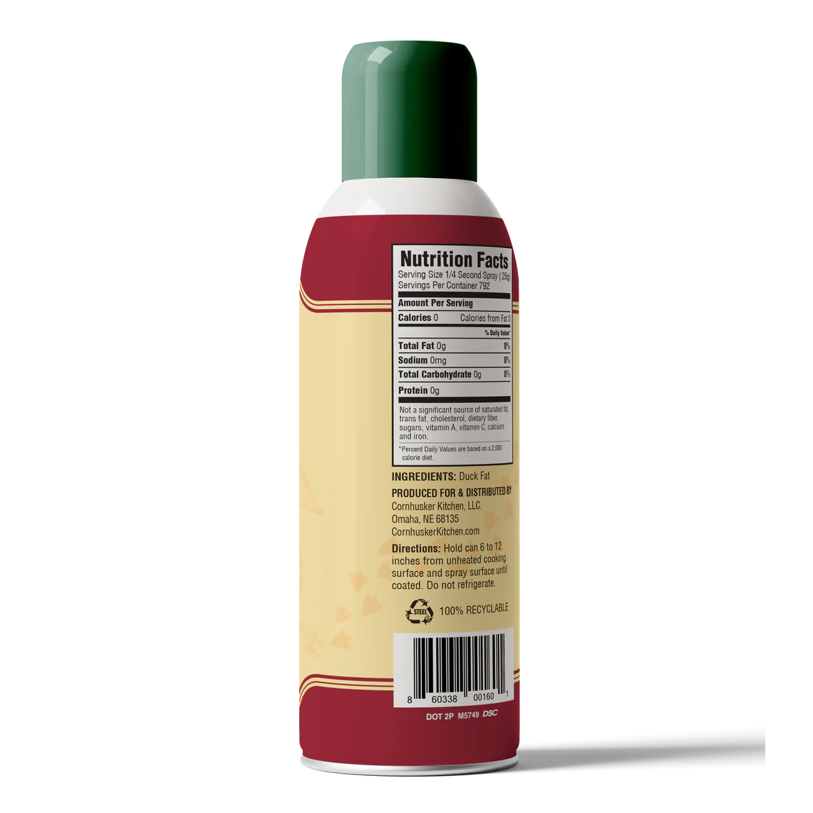 Back view of Cornhuskers Kitchen duck fat spray can with nutrition facts and usage instructions label visible