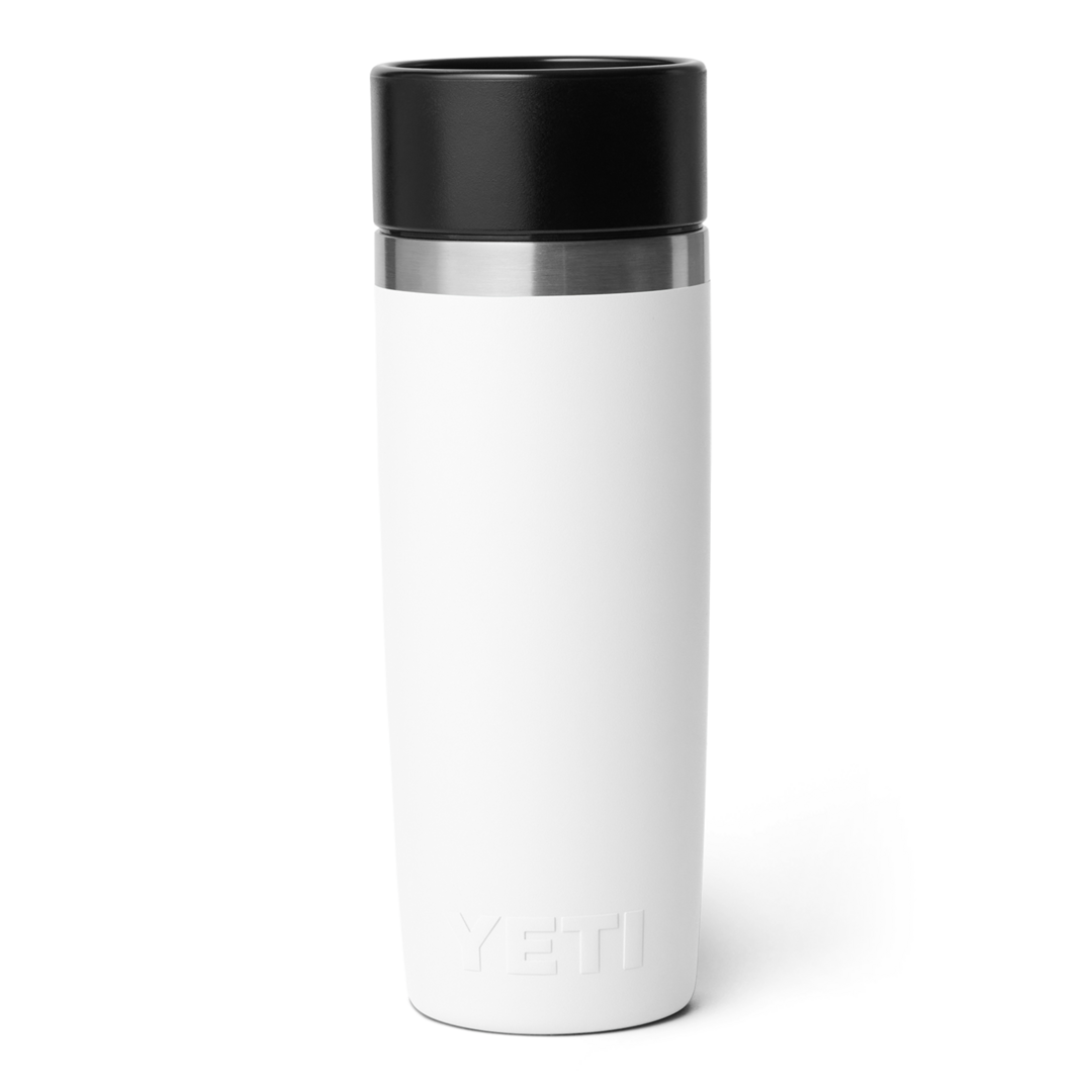 White YETI Rambler 16 oz insulated travel bottle with black lid and stainless steel detail in kitchenware collections
