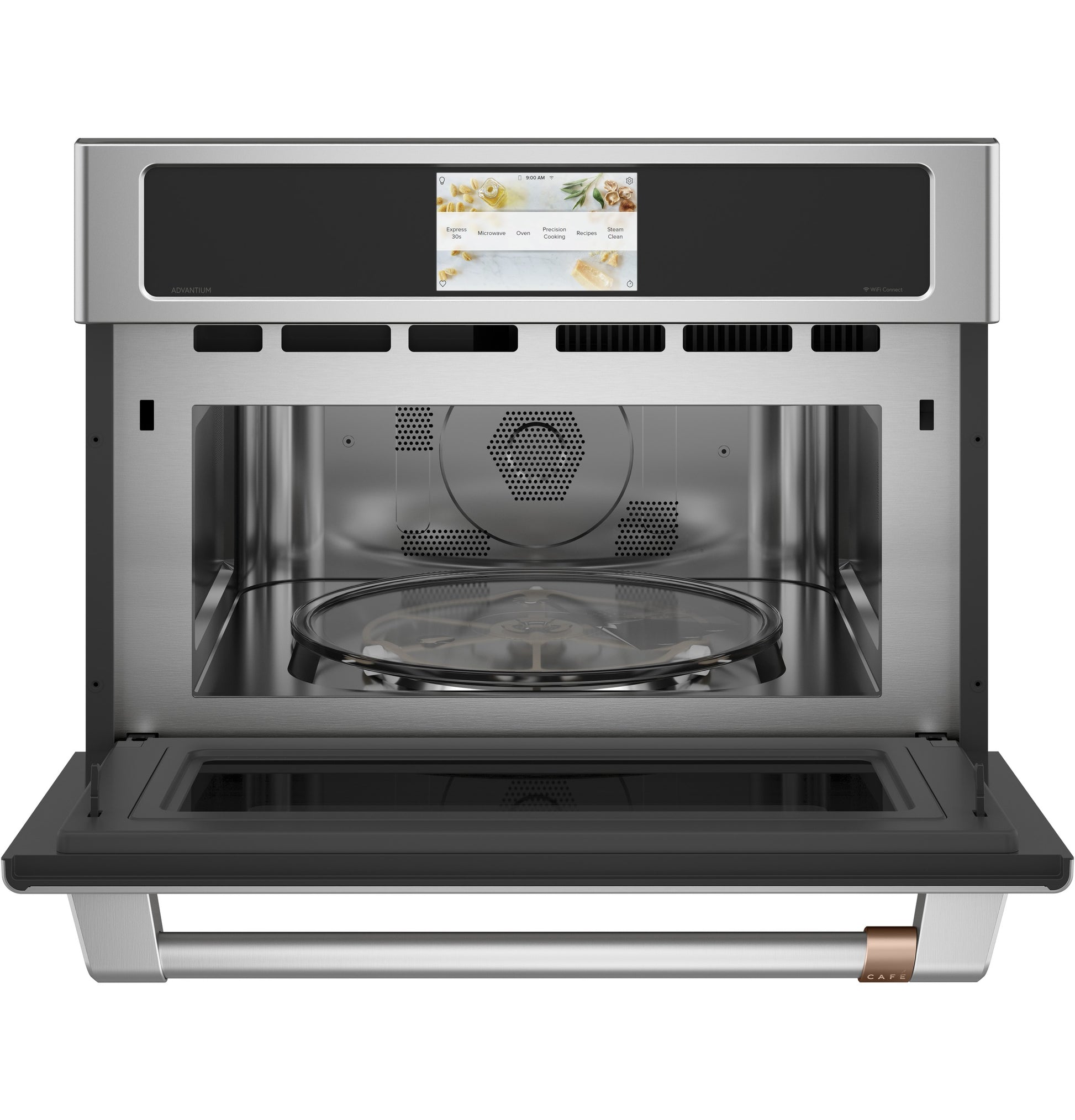 Open stainless steel wall oven with digital touchscreen and rotating glass tray from Kitchen & Kitchenware and Appliances collections