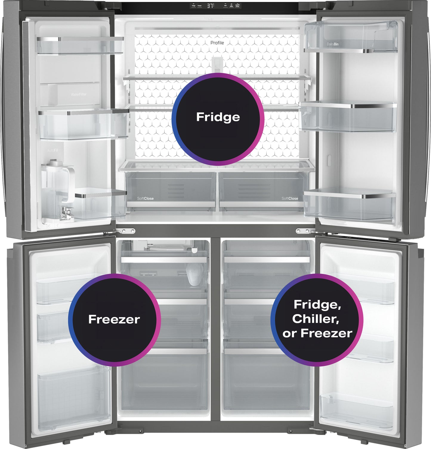 ENERGY STAR certified stainless steel quad-door refrigerator with spacious compartments in kitchen appliances collection