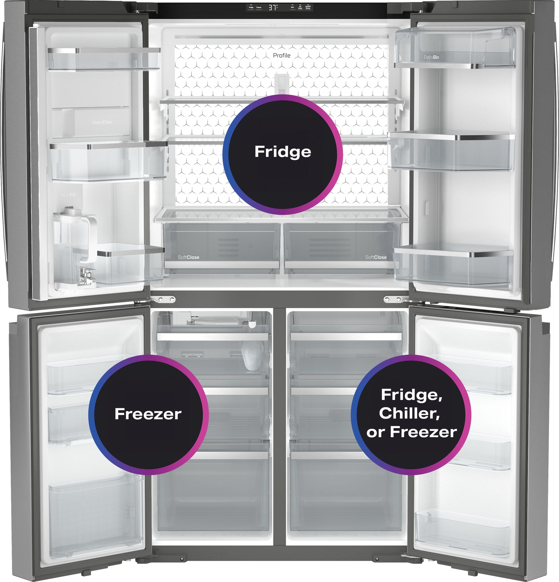ENERGY STAR certified stainless steel quad-door refrigerator with spacious compartments in kitchen appliances collection