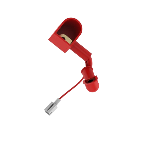 Red positive battery cable connector with insulated cap and metal terminal for tools and home improvement use
