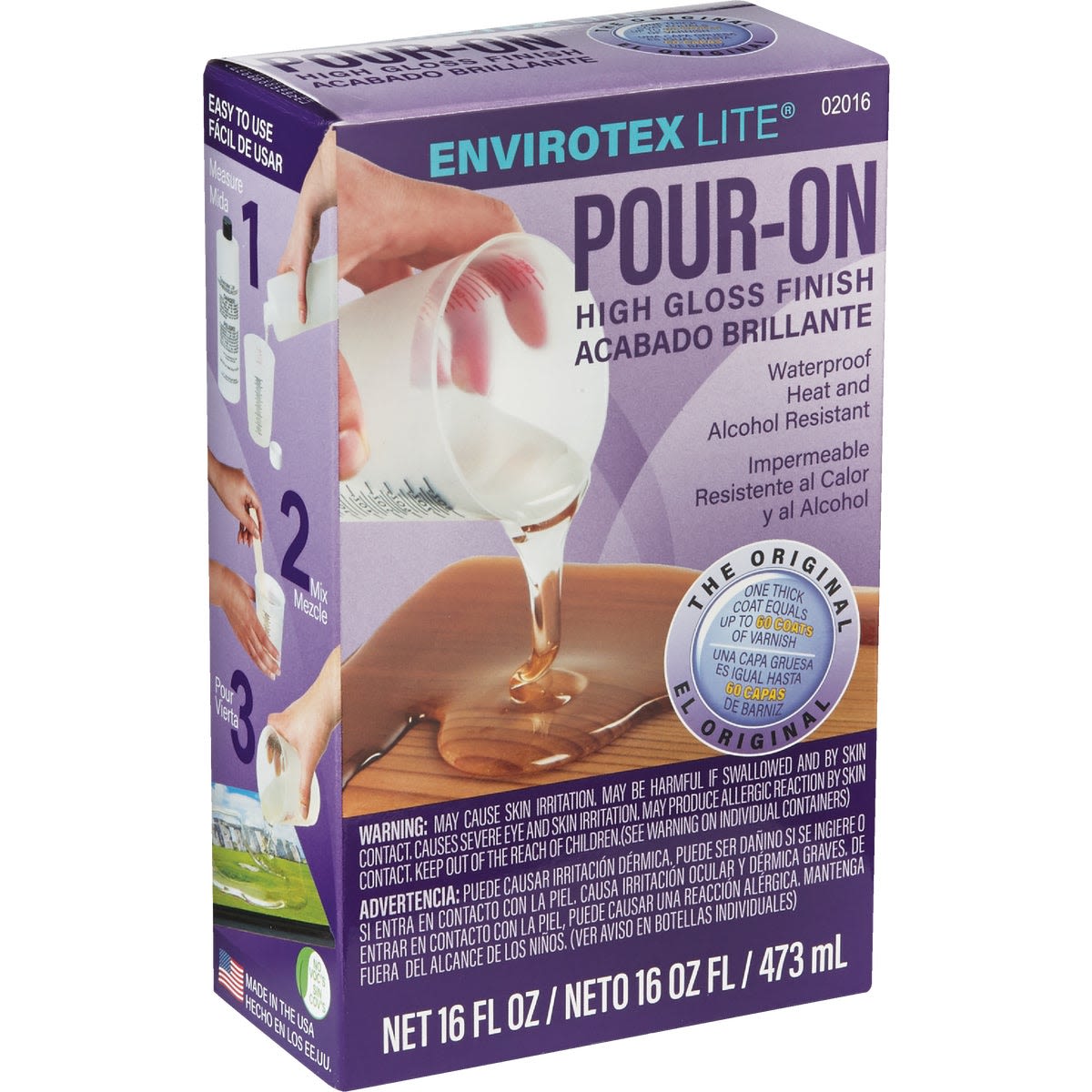 Purple and white carton of Envirotex Lite epoxy resin with images showing easy pour steps for wood finishing under $50 collection