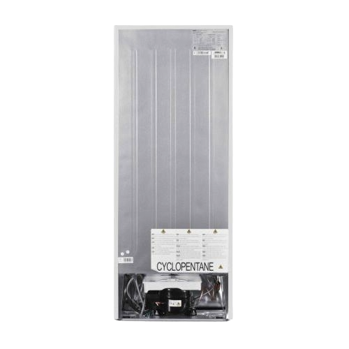 Back view of a stainless steel refrigerator showing components and energy label in Appliances and Refrigerators collections