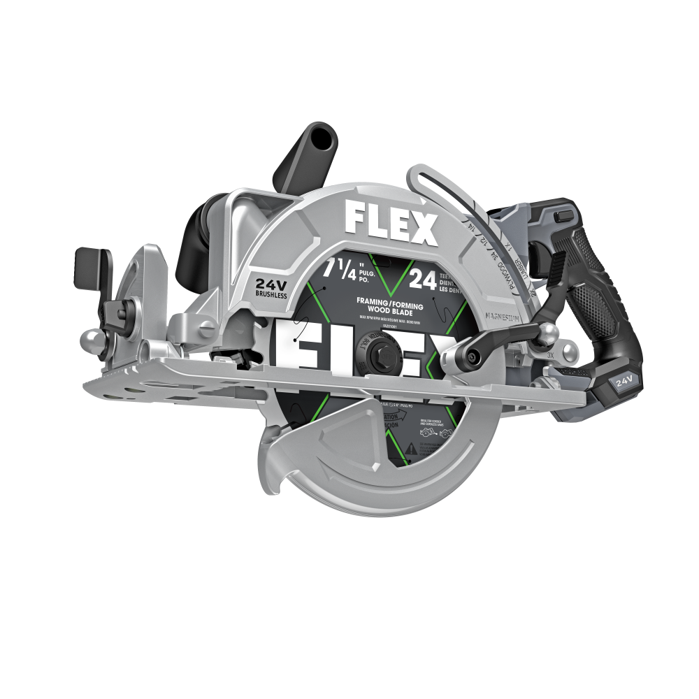 Silver and black rear handle circular saw with 7-1/4 inch blade, brushless 24V motor, designed for precision cutting in woodworking and power tools collections.