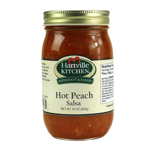 Glass jar of Hartville Kitchen hot peach salsa with gold lid from salsas and food & beverage collections under $25