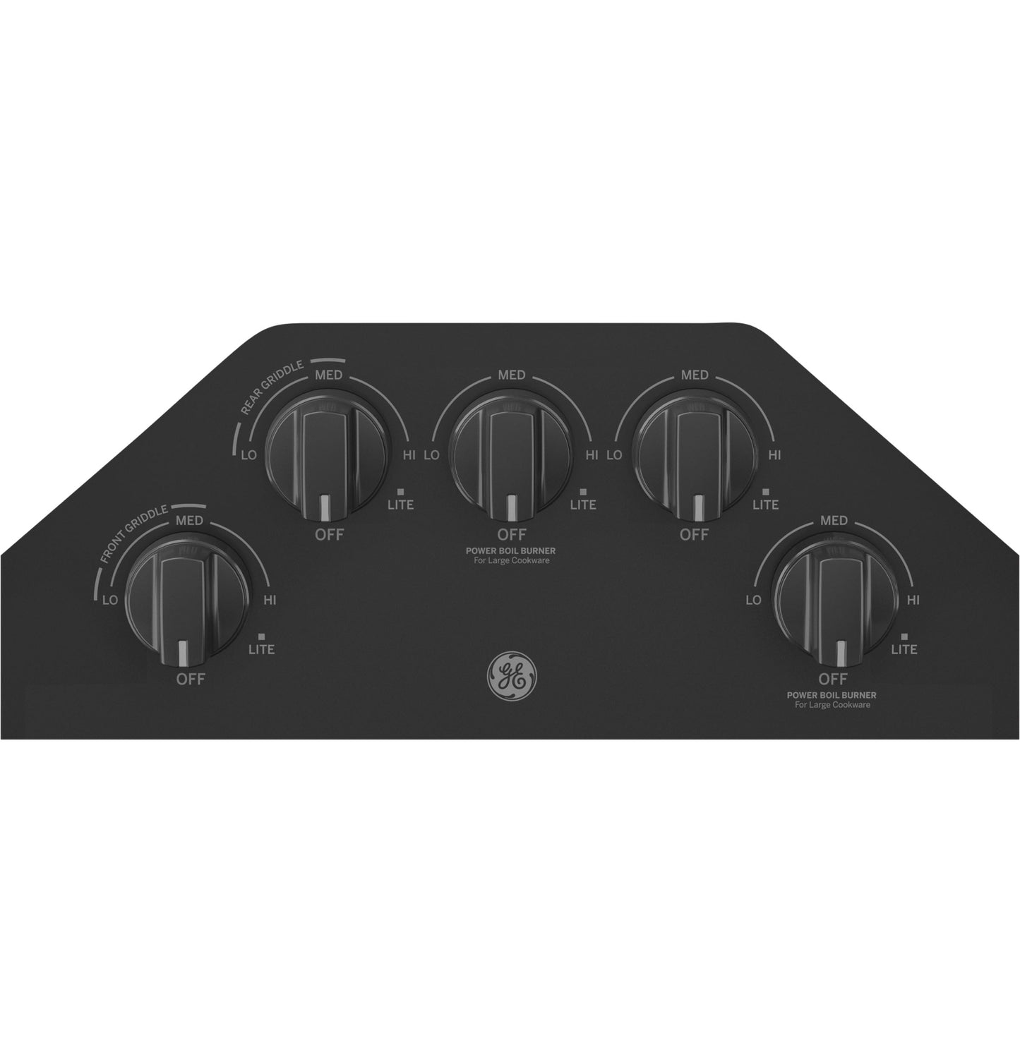 Control panel with five black knobs for gas burners on built-in cooktop in kitchen appliances and gas cooktops collection.