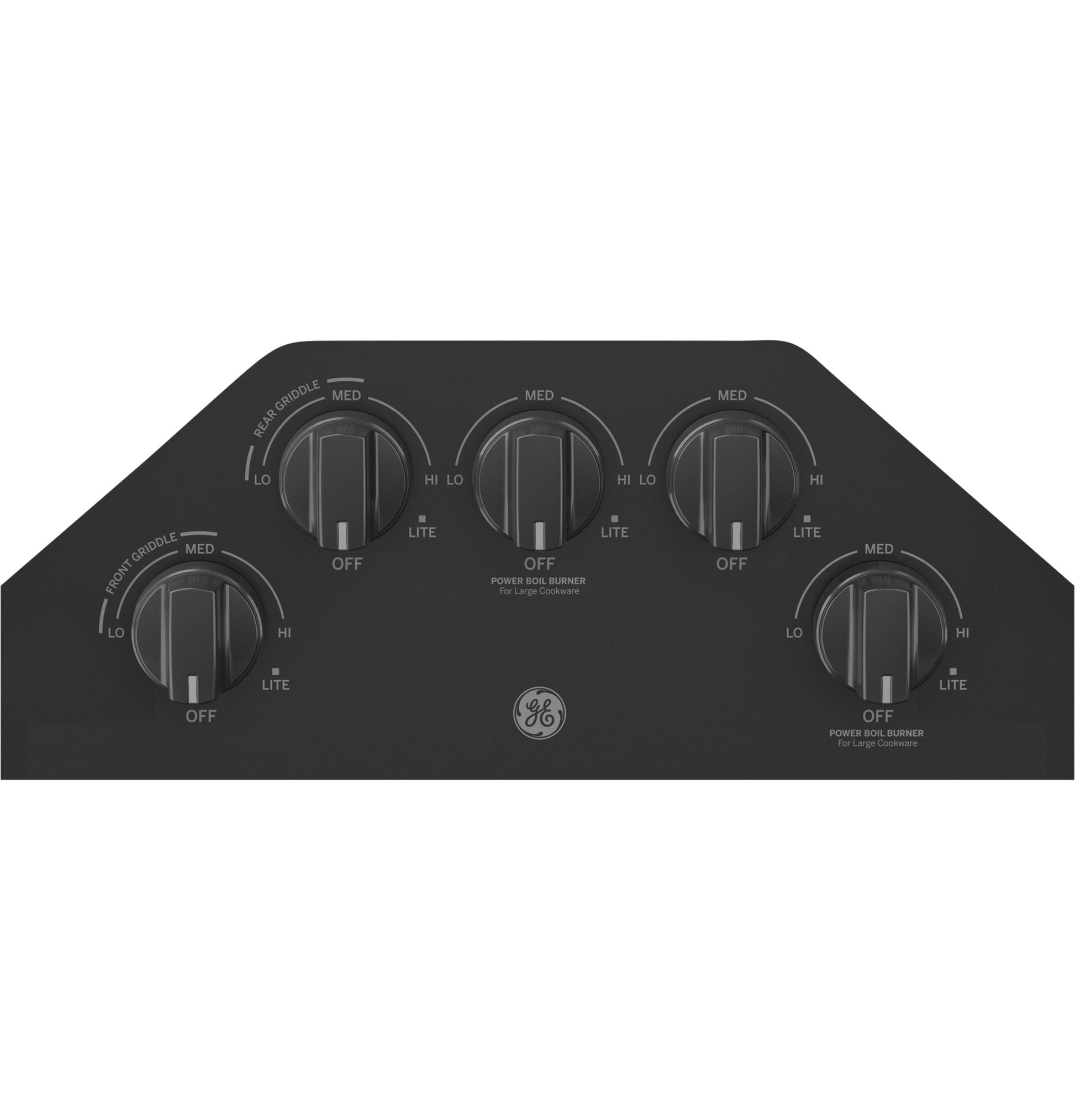 Control panel with five black knobs for gas burners on built-in cooktop in kitchen appliances and gas cooktops collection.