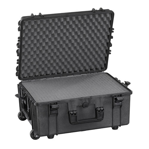 Hard black protective case with foam interior inserts, wheels, and handle for tool storage and workshop organization