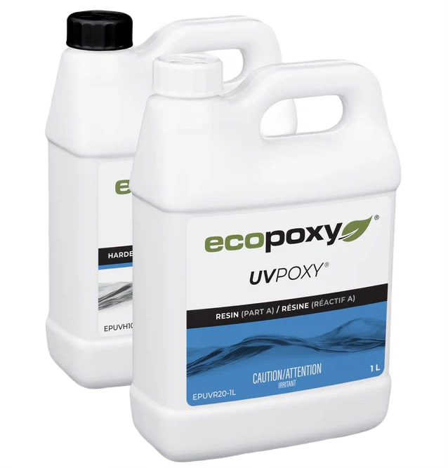Two 1-liter white plastic containers of Ecopoxy UVPoxy resin and hardener for wood sealers and finishing projects