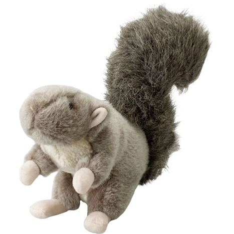 Plush woodland squirrel dog toy with soft gray and beige fur and a bushy tail for pet supplies collections
