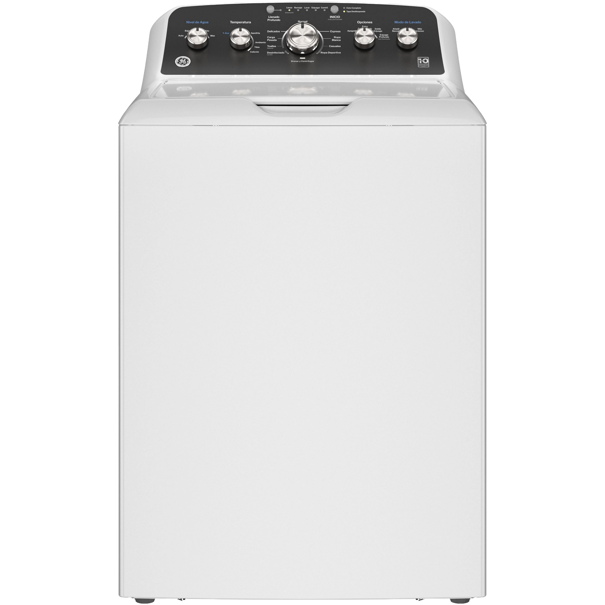 White top load washer with Spanish control panel and multiple wash modes in modern appliances and washers collection