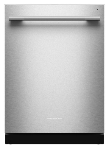 Front view of stainless steel dishwasher with handle, part of KitchenAid dishwashers and kitchen appliances collection