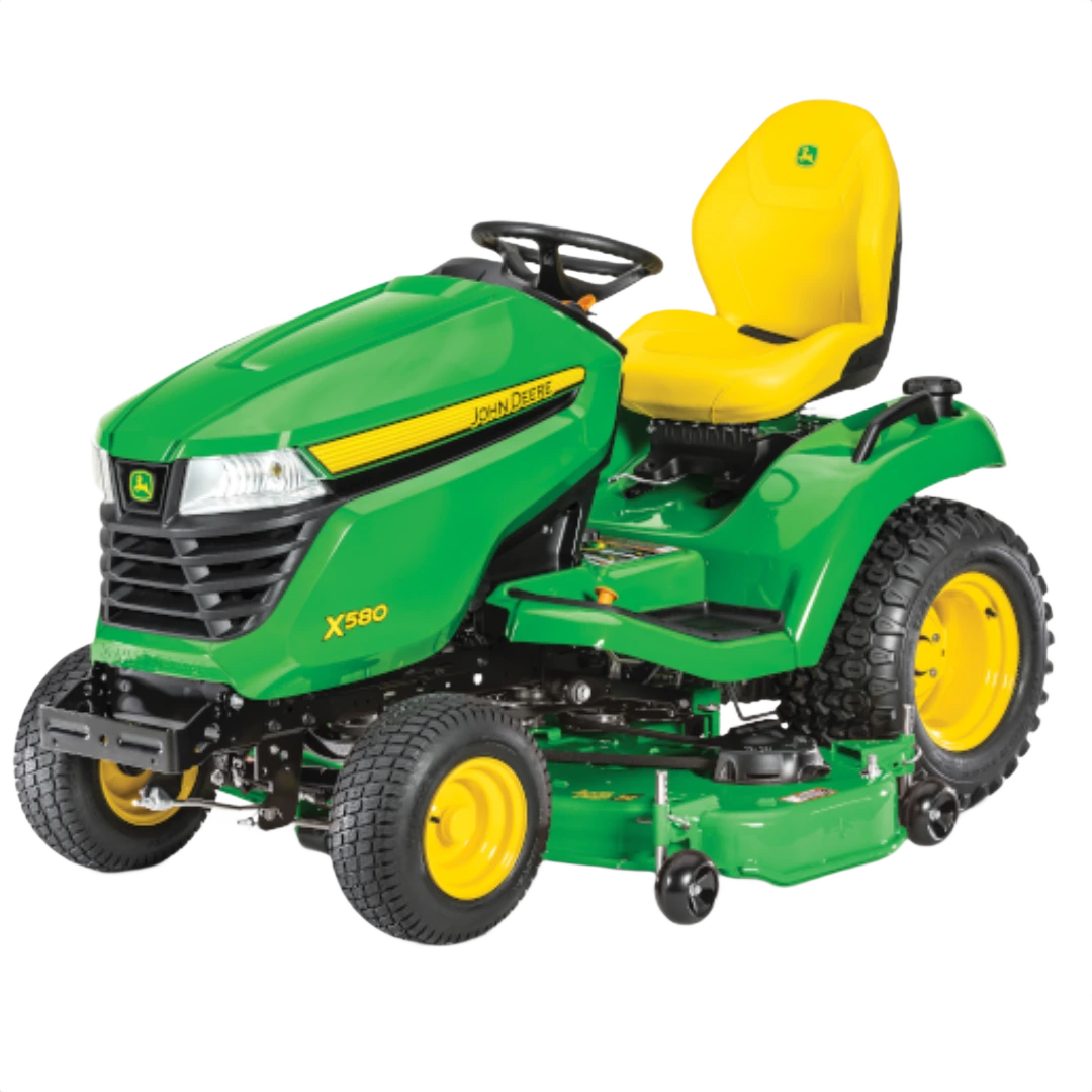 Green riding lawn tractor with yellow seat and 54-inch deck for outdoor power equipment and lawn care tools