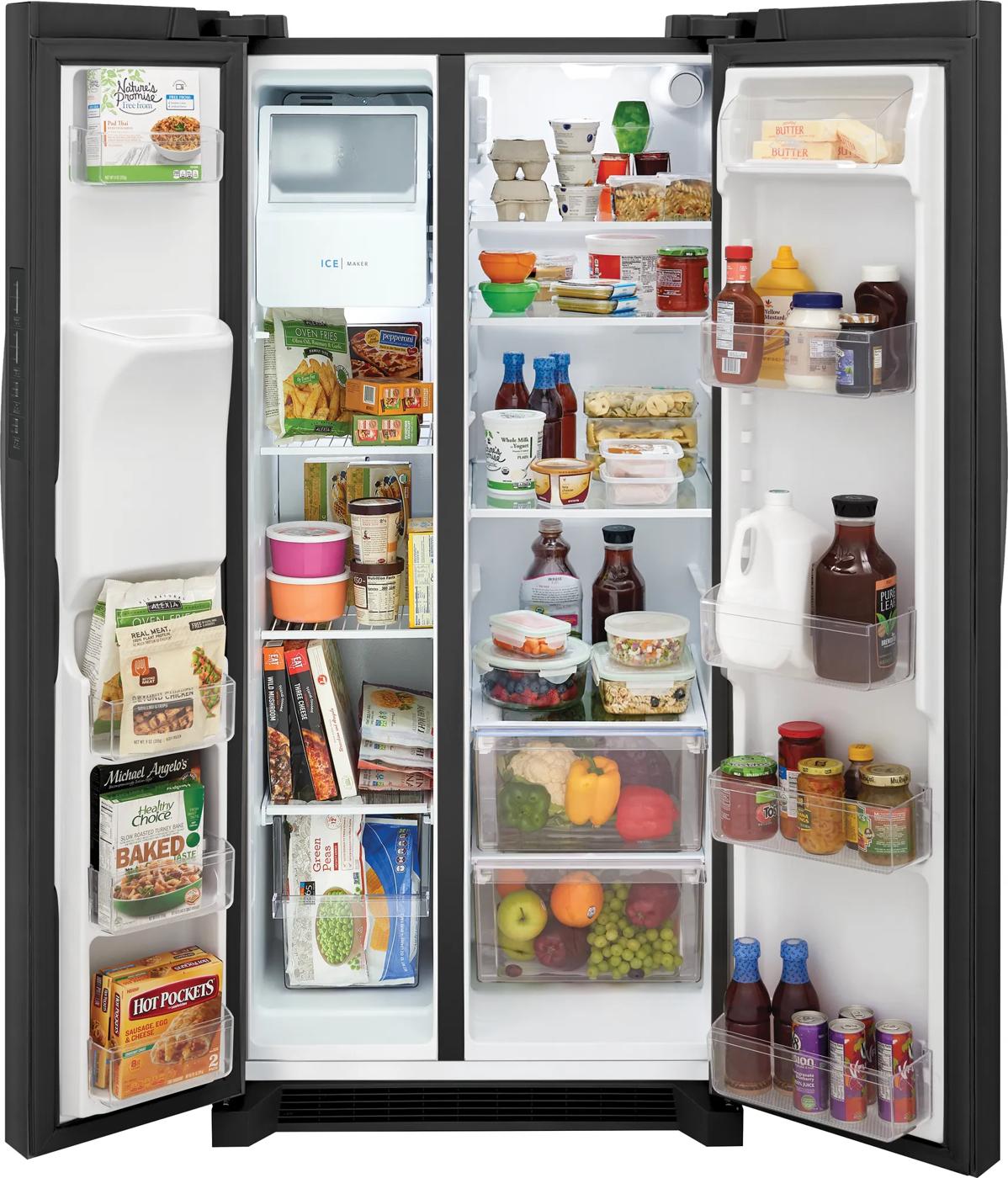 Open matte black side-by-side refrigerator with organized interior shelves and fresh food and freezer compartments from Appliances collection