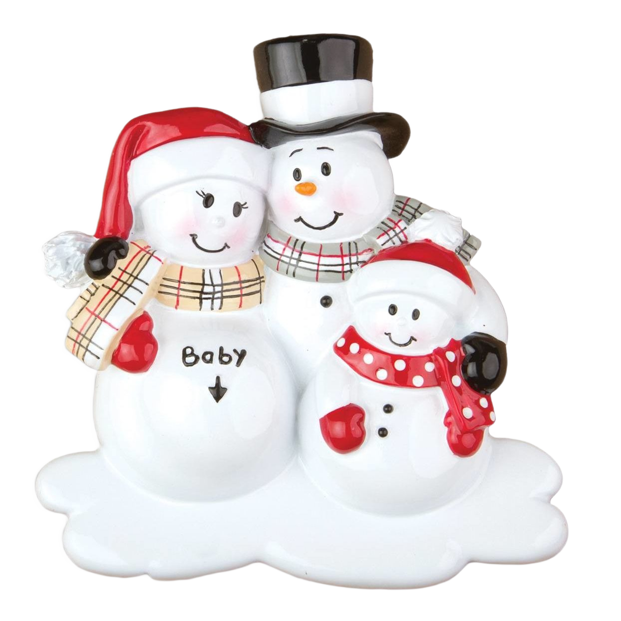 Snowman family ornament with scarves and hats celebrating a growing family for Christmas decorations under $50 collection