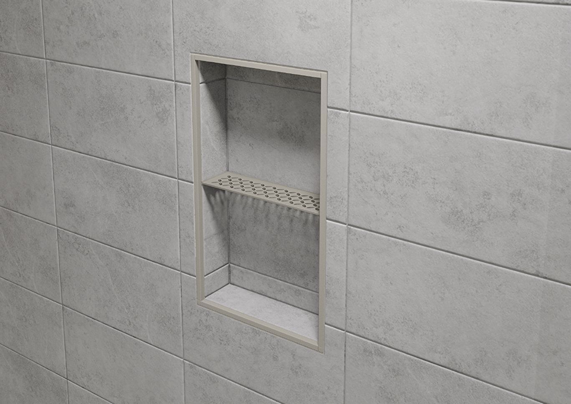 Greige rectangular wall niche shelf with floral perforated design for tiled shower storage and home improvement projects