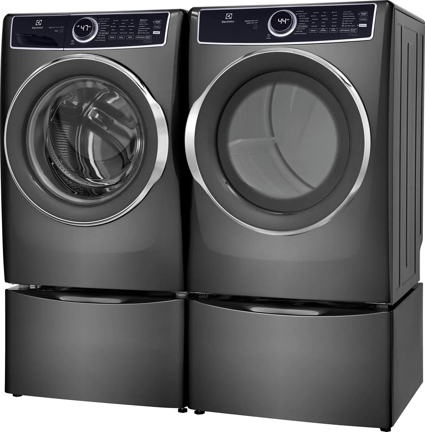 Matte gray front load washer and matching dryer with digital displays in modern washers and appliances collection