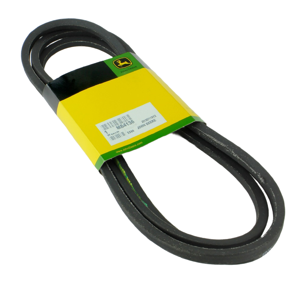 Black secondary deck drive belt with yellow and green branded packaging for lawn tractor maintenance and home improvement tasks