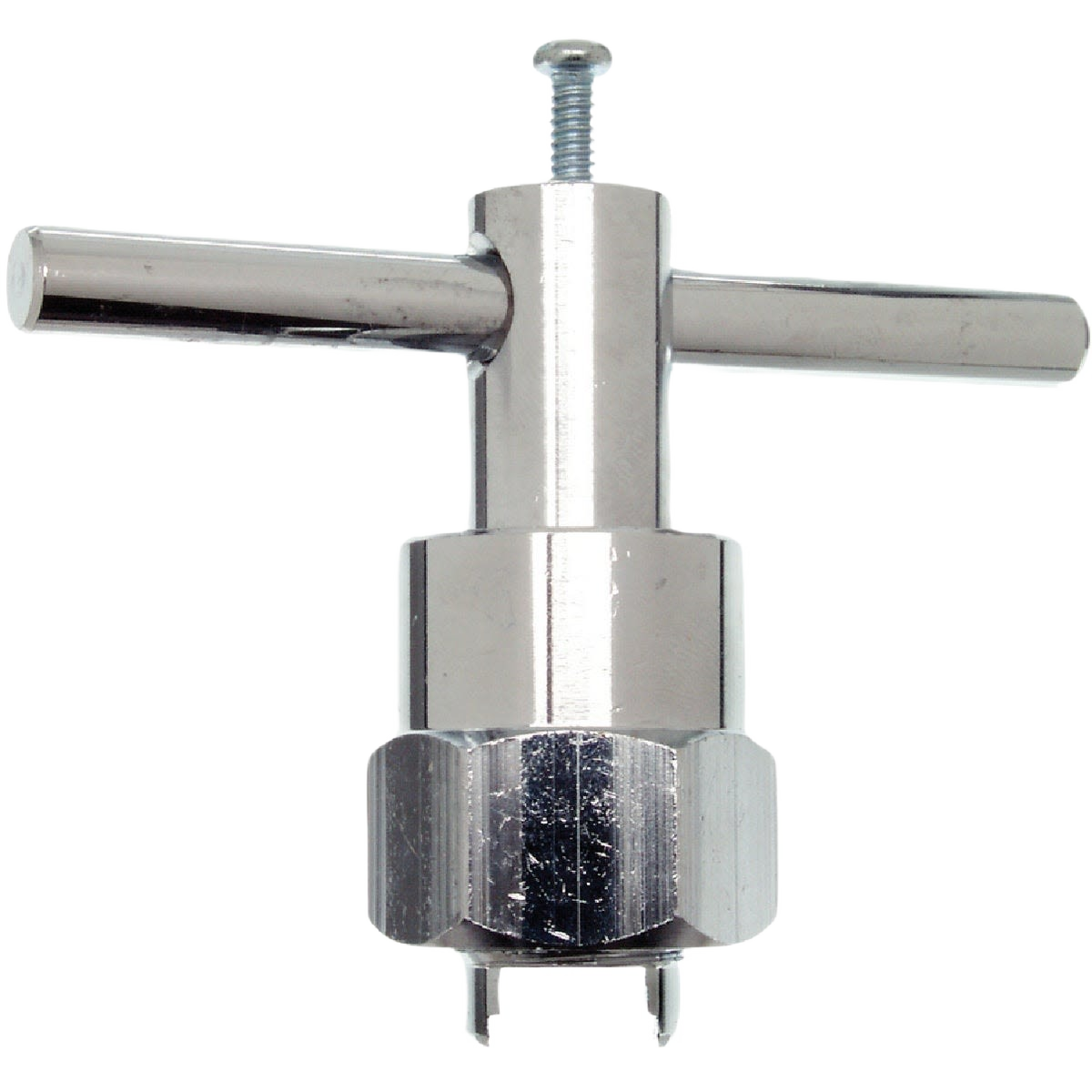 Chrome-finished cartridge puller tool with horizontal handle for removing Moen faucet components in home improvement tasks