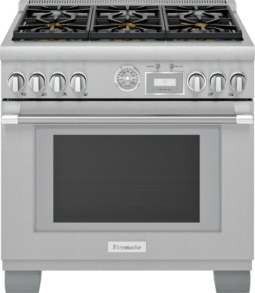 stainless steel commercial depth gas range with six burners and control knobs in kitchen appliances collection