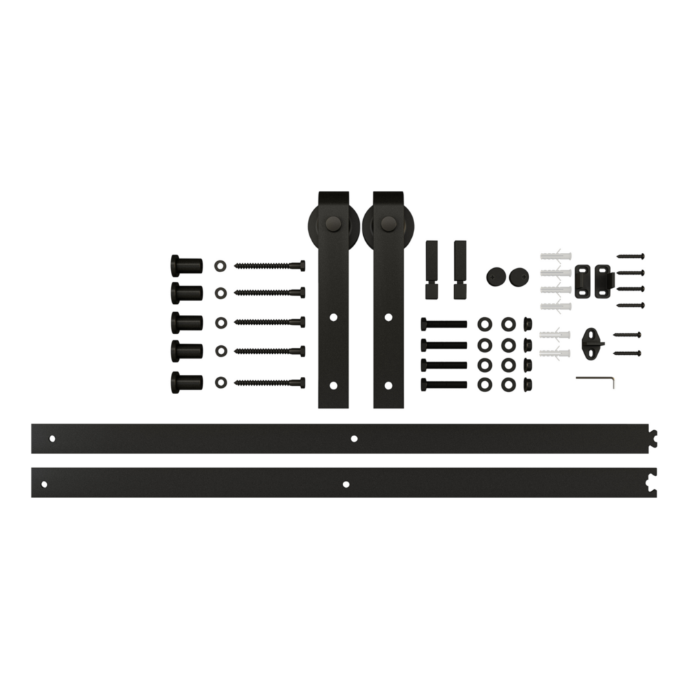 Matte black metal two-piece interior barn door kit with rollers and mounting hardware for door accessories and home improvement collections