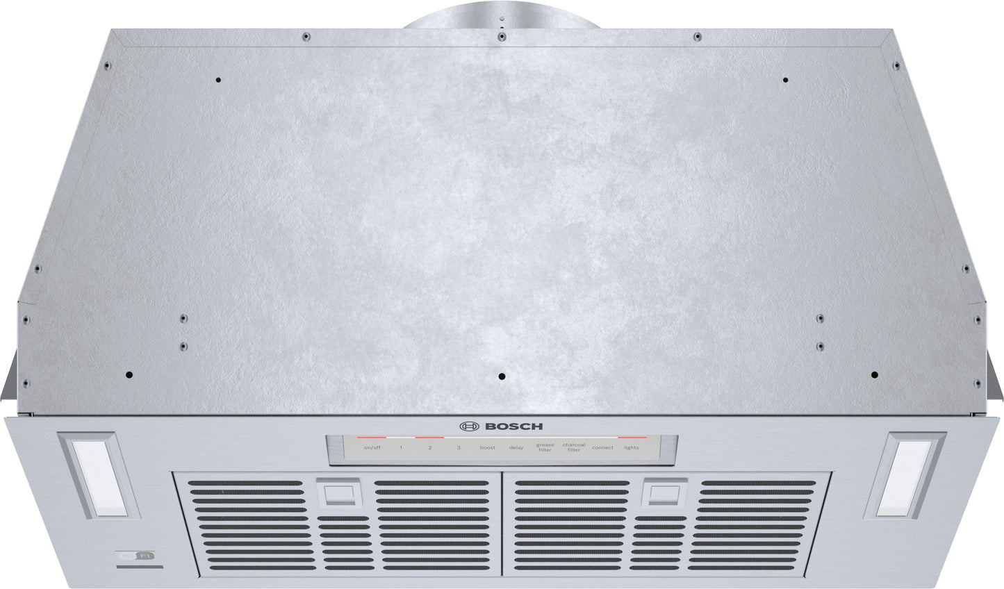 Stainless steel built-in range hood insert with ventilation grilles and control panel for kitchen appliances collection