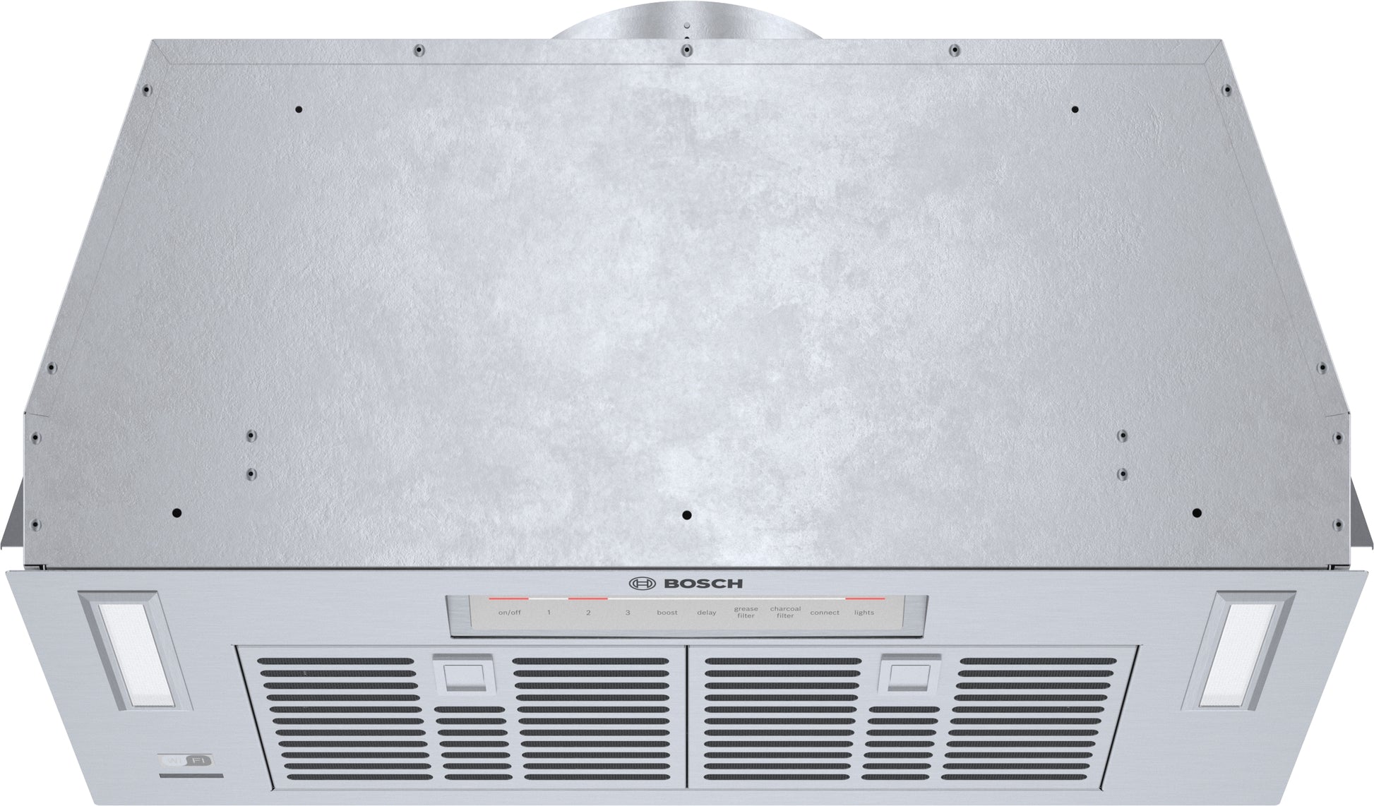 Stainless steel built-in range hood insert with ventilation grilles and control panel for kitchen appliances collection