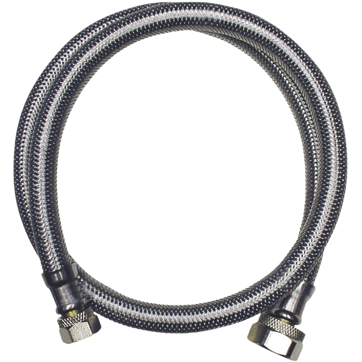 Braided stainless steel faucet connector with 3/8 In. compression and 1/2 In. female fittings for plumbing repair parts.