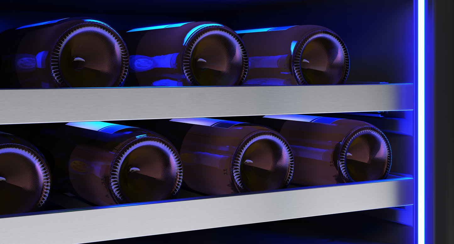 Close-up of wine bottles stored on full-extension wooden racks inside a blue-lit beverage center cooler