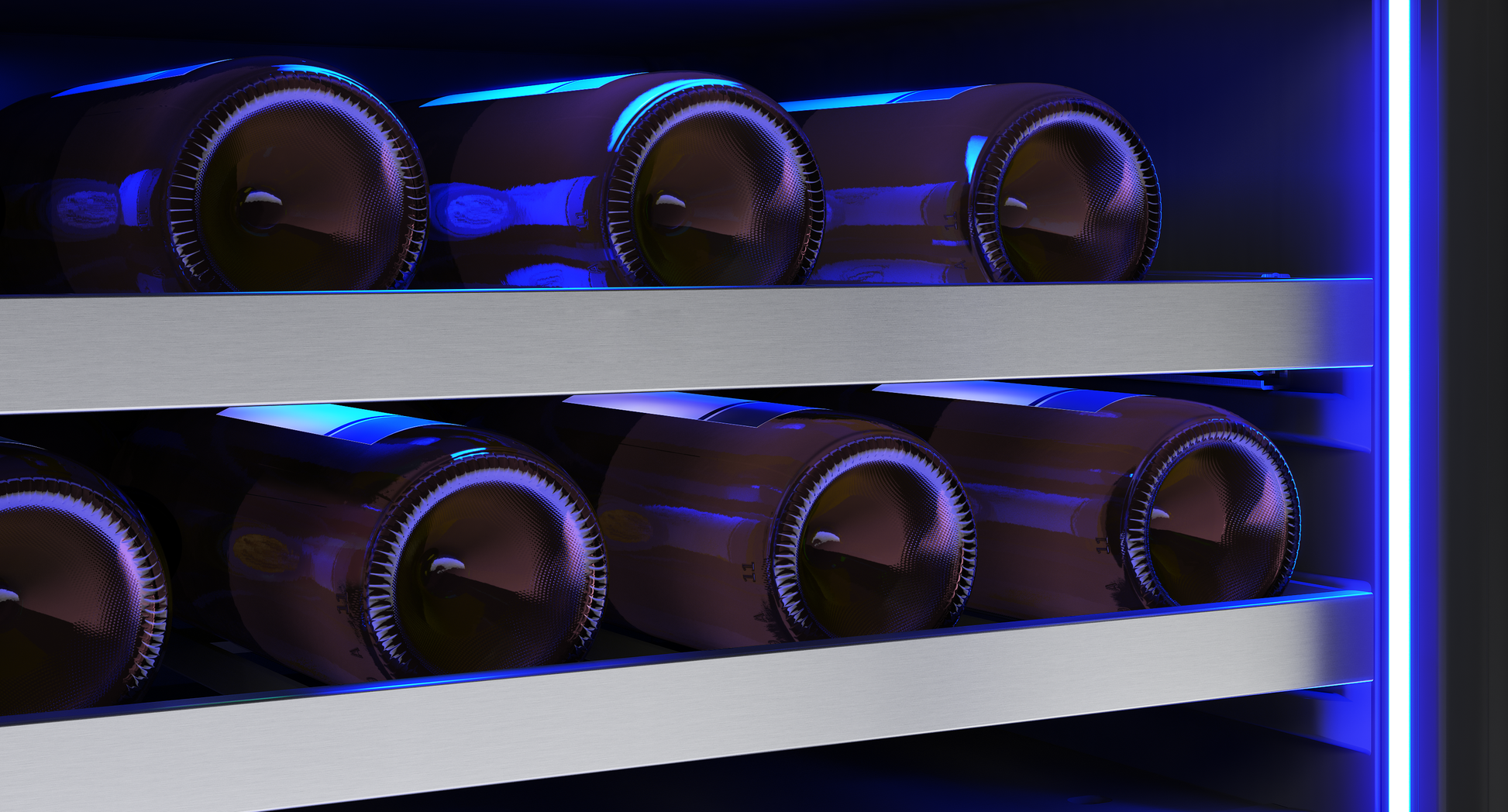 Close-up of wine bottles stored on full-extension wooden racks inside a blue-lit beverage center cooler
