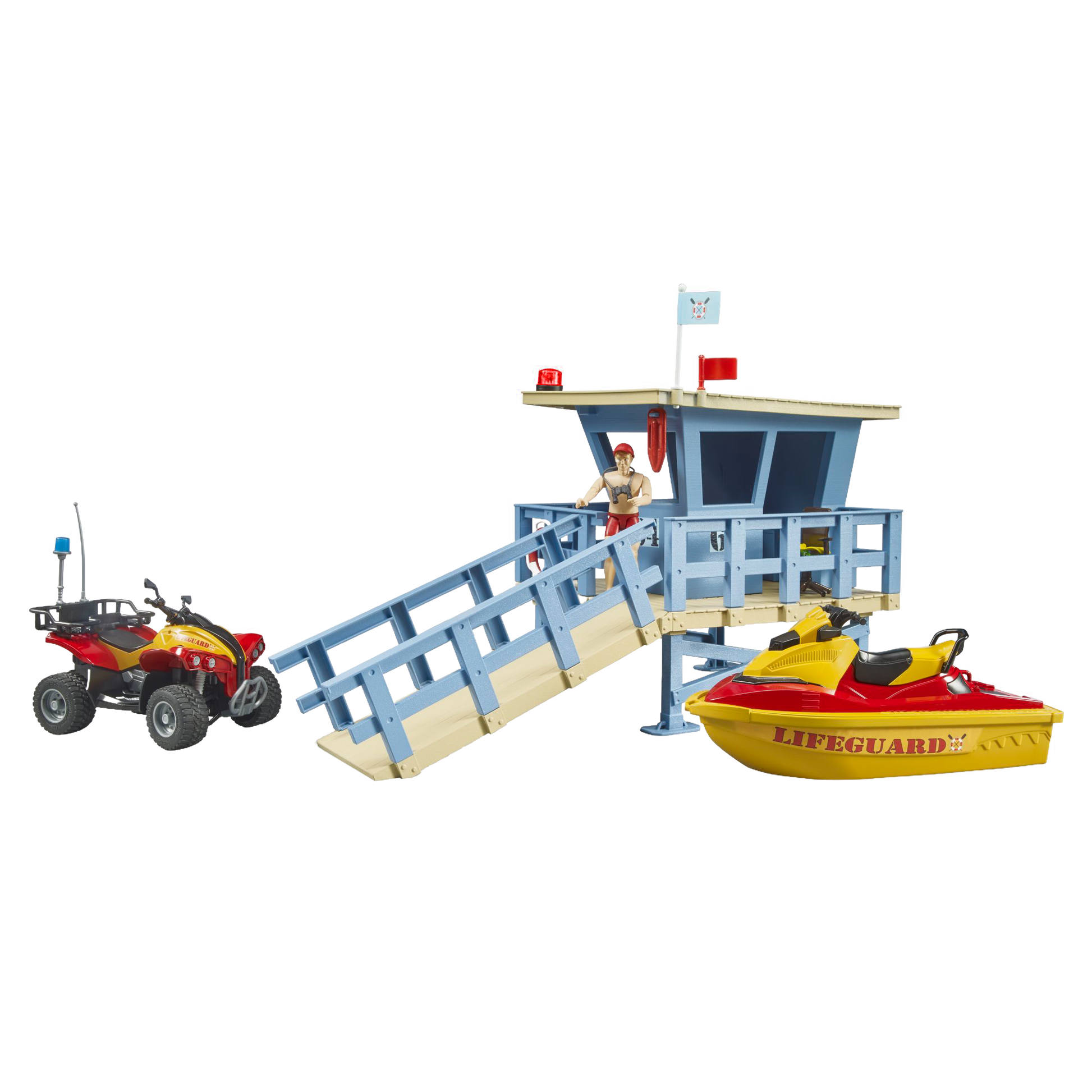 Blue plastic lifeguard tower toy set with red quad bike, yellow watercraft, and lifeguard figure from Bruder Toys collection