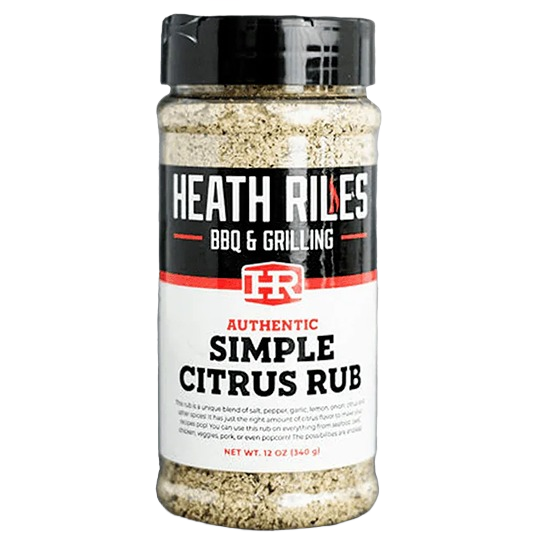 Clear plastic jar of Heath Riles Simple Citrus Rub with black and red label in grilling sauces and spices collection