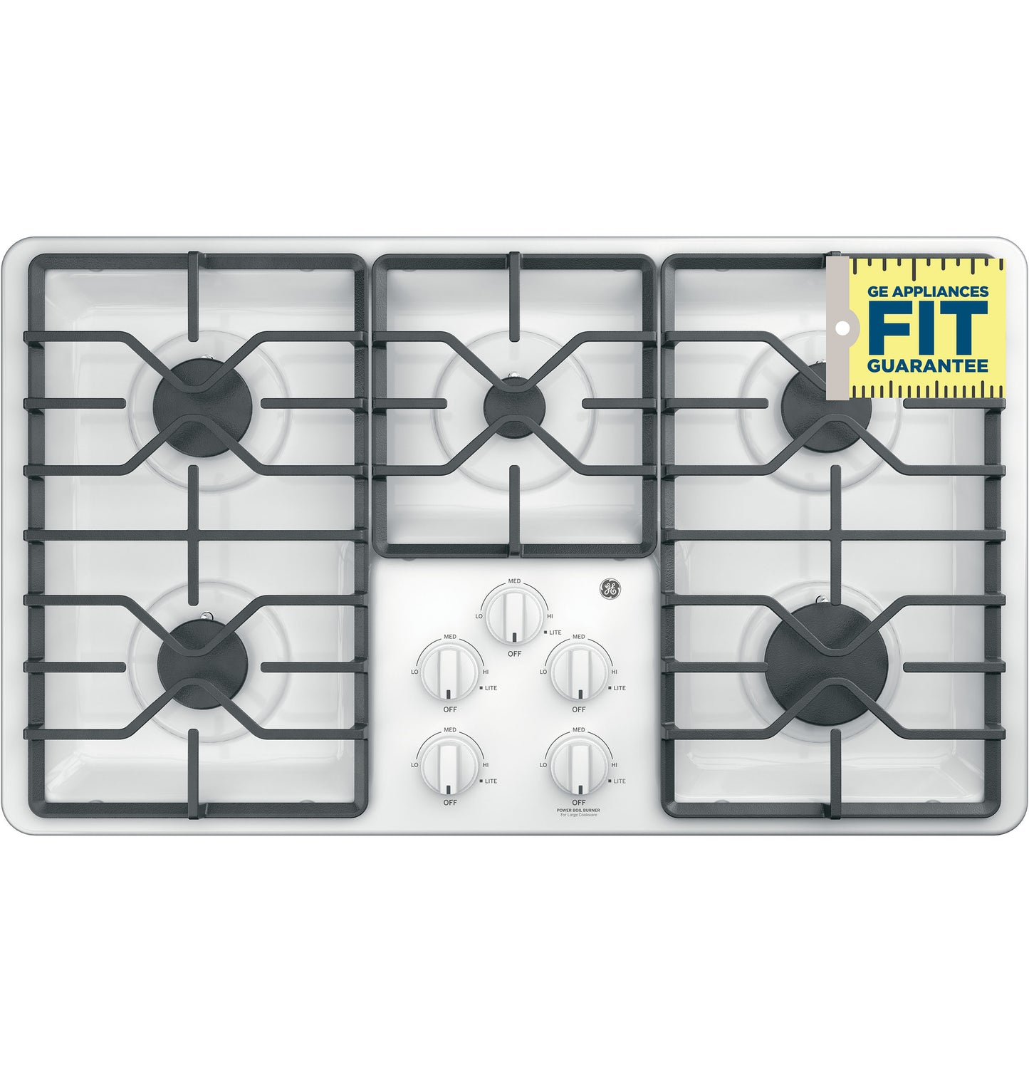 White built-in gas cooktop with five burners, dishwasher-safe grates, and control knobs for kitchen appliances collection