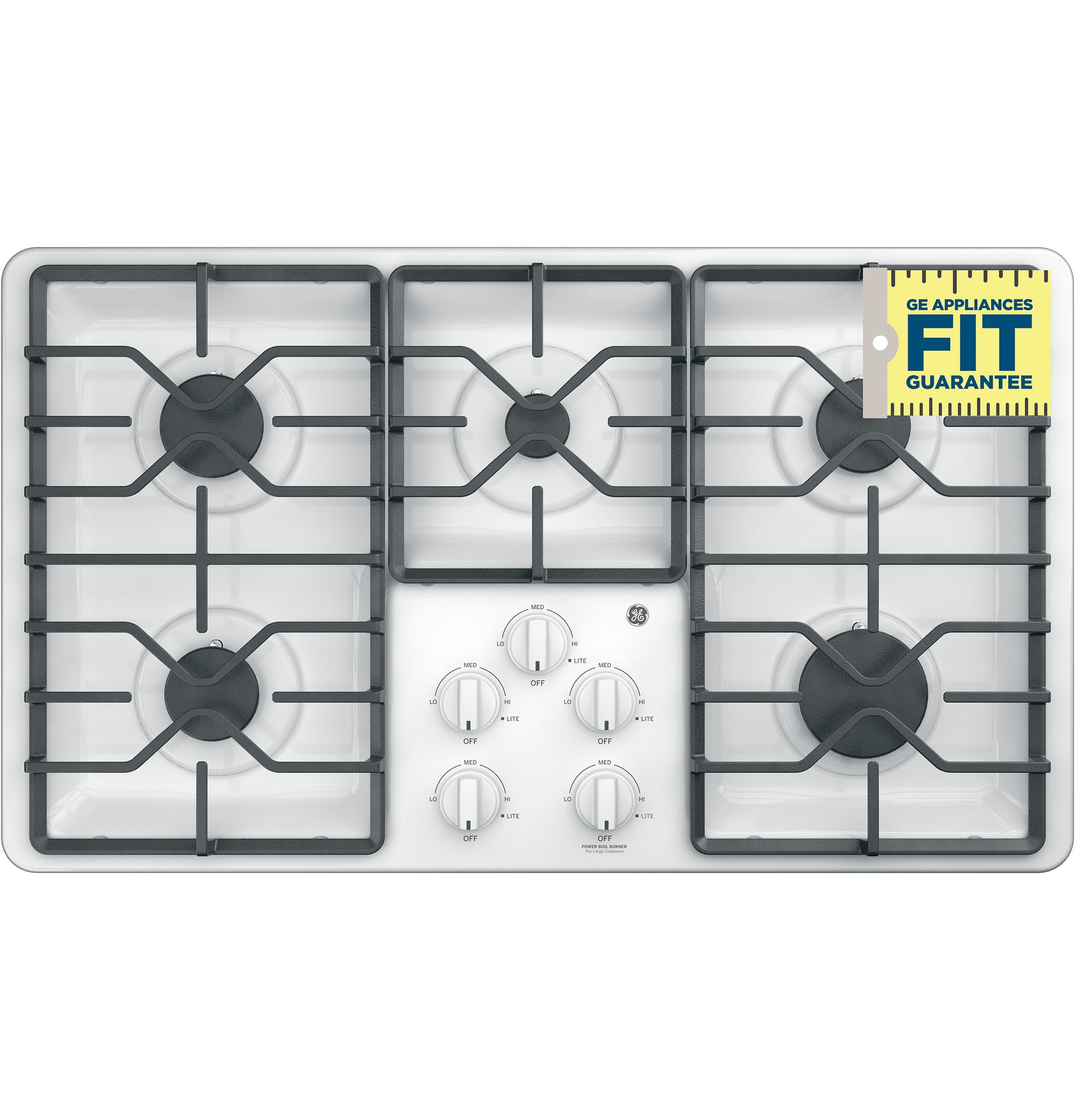 White built-in gas cooktop with five burners, dishwasher-safe grates, and control knobs for kitchen appliances collection