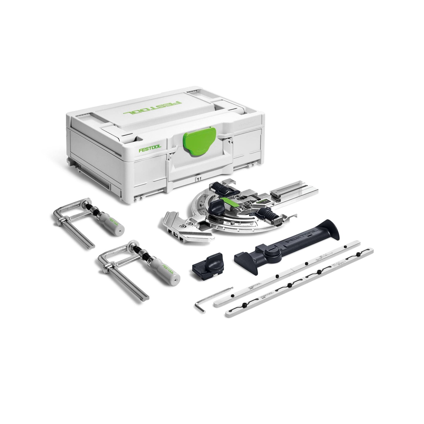 Woodworking tool accessories set with clamps, angle stop, deflector, and limit stop in Festool storage case for saw tracks collection