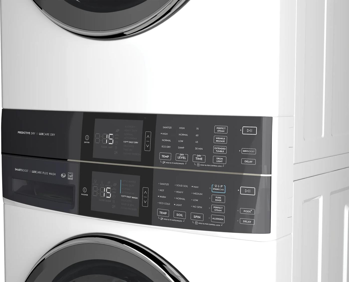 Close-up of white front load washer and gas dryer stack with digital control panels and cycle options, part of Washer/Dryer Combos at Hartville Hardware.