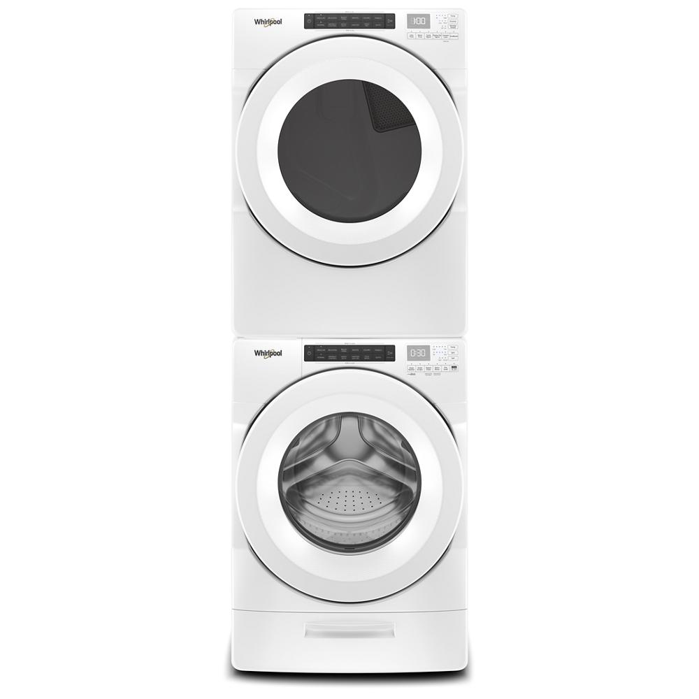Stacked white front load washer and gas dryer with digital controls for laundry and home appliances collection