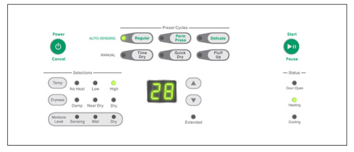 Control panel interface for stack dryers with digital time display, cycle modes, and status indicator lights in dryers collection