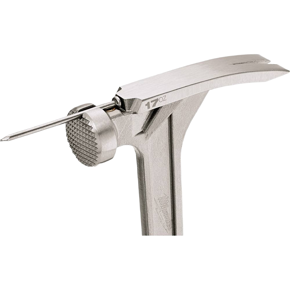 Close-up of a textured milled face hammer head with nail puller for precision home improvement tasks