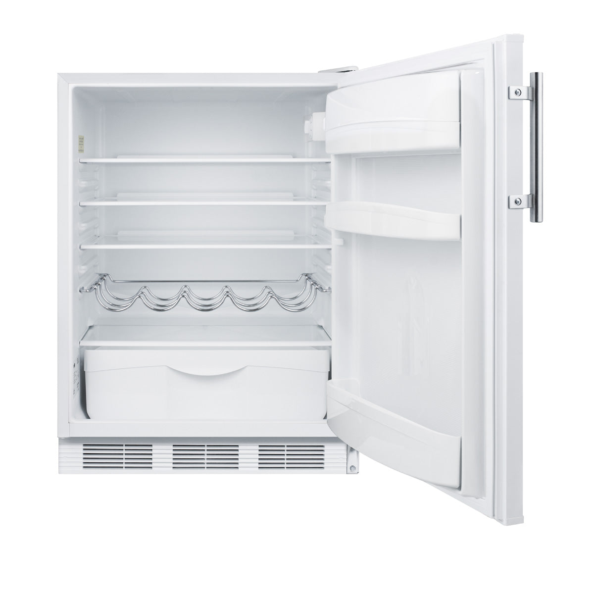 Compact white undercounter refrigerator with adjustable shelves, door storage, and wine rack in kitchen appliances collection