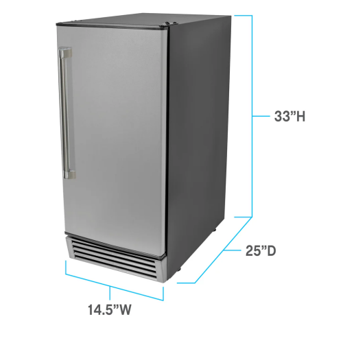 Compact stainless steel ice maker with front handle and vented base in kitchen appliances collection, measuring 33 inches high