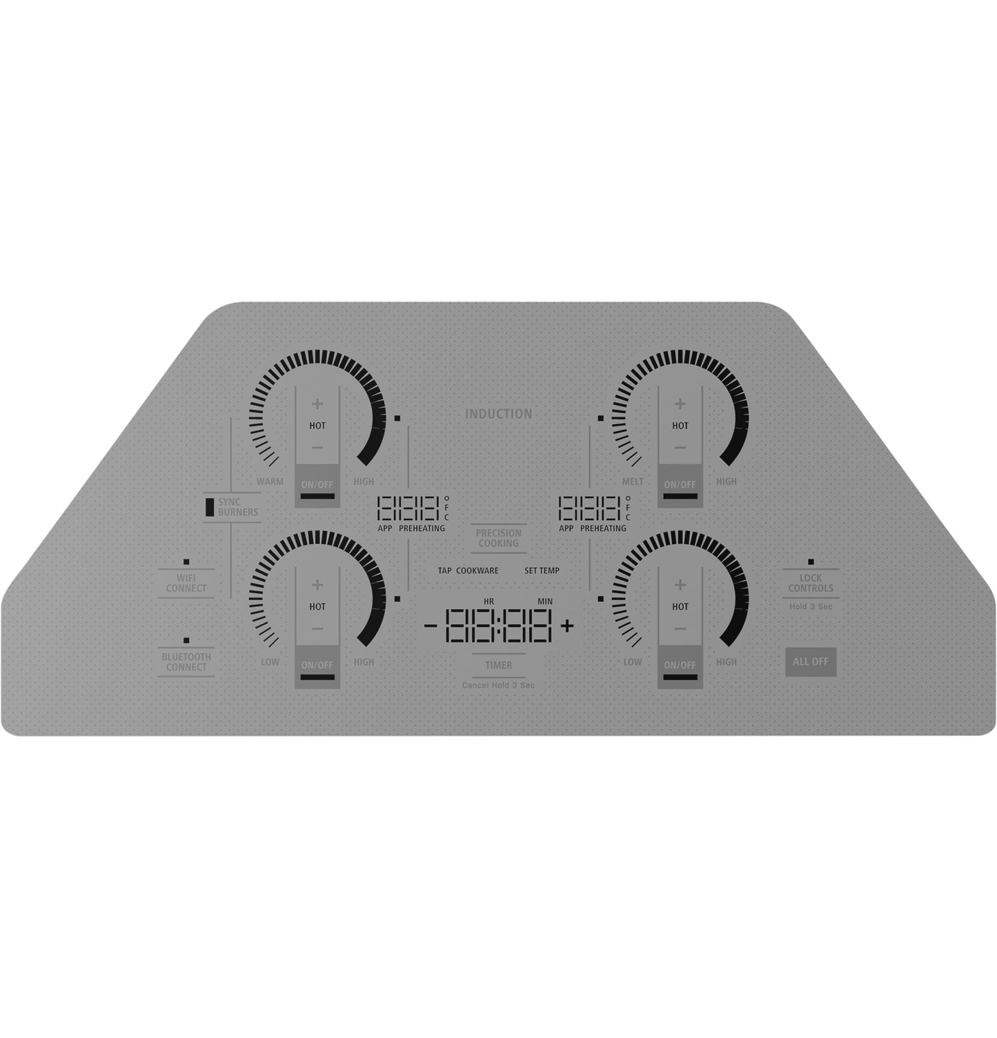 Control panel of a gray induction cooktop with digital displays and four circular touch controls in kitchen appliances collection