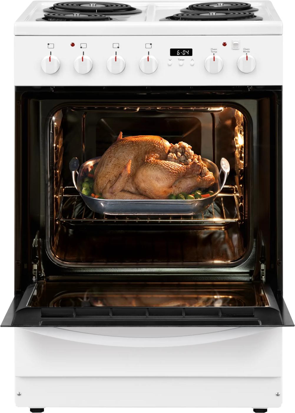 white freestanding electric range with coil burners and open oven cooking stuffed turkey in kitchen appliances collection