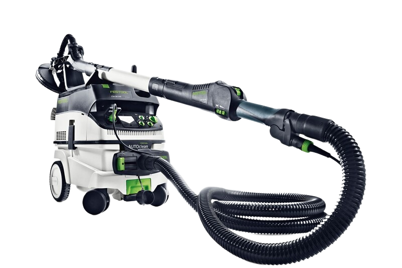 Portable Festool dust extractor with flexible hose for woodworking and dust management in home improvement projects