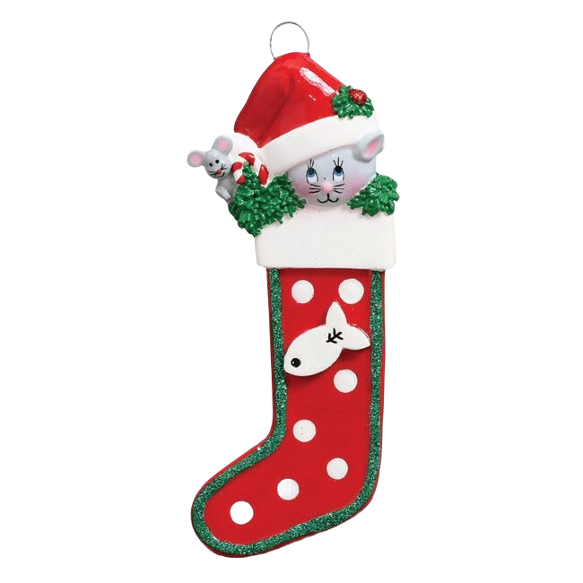 Red polka dot kitty stocking ornament with Santa hat and mouse for Christmas Ornaments & Tree Decorations under $50 collection