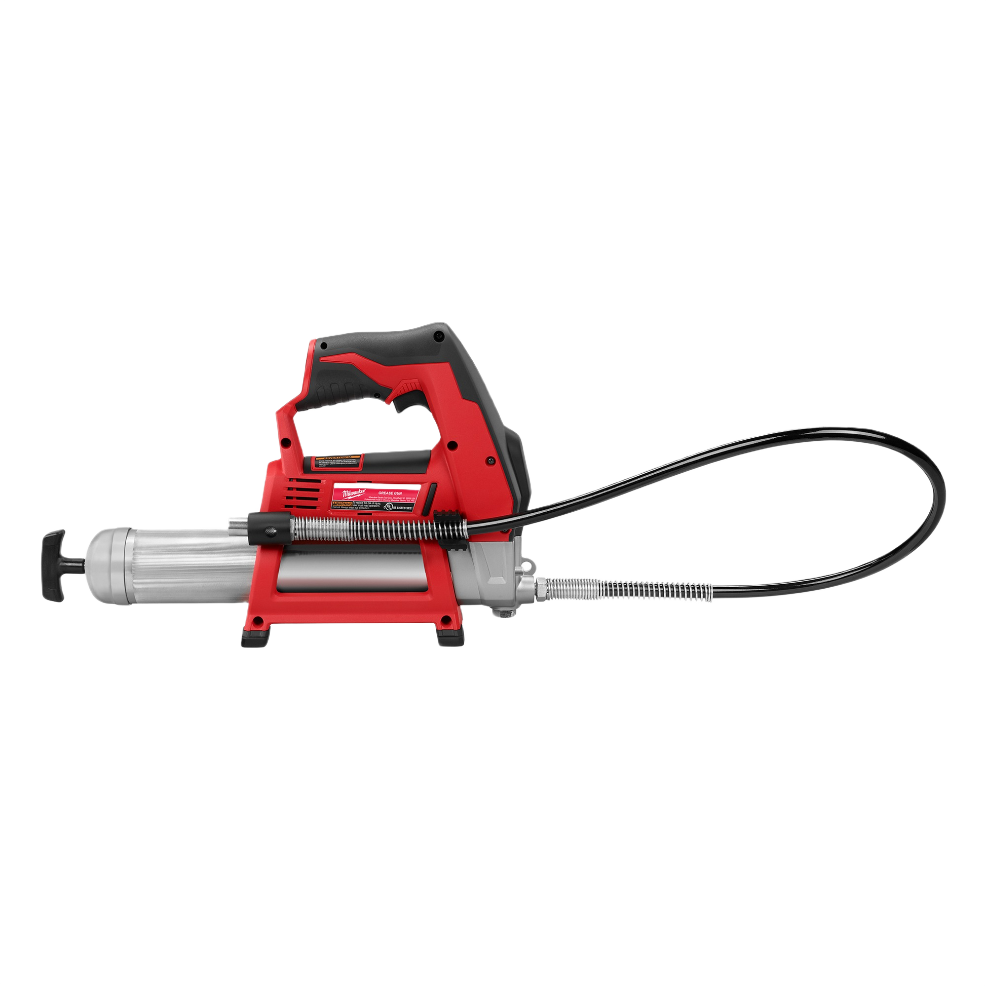 Red and black cordless grease gun with flexible hose and ergonomic grip for tools and home improvement use