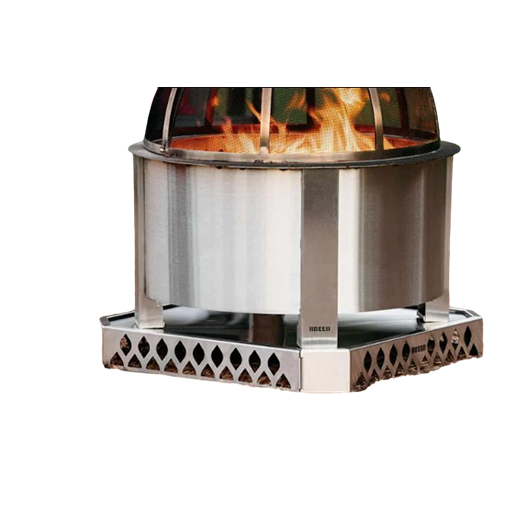Stainless steel Breeo fire pit base with open lattice design, ideal for outdoor living and patio fire pit setups