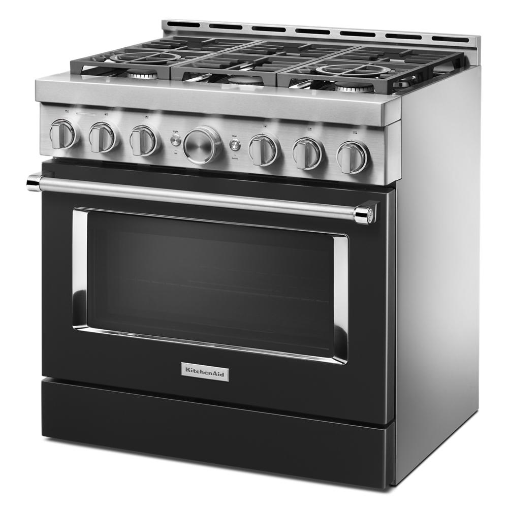 36-inch freestanding commercial-style gas range with six burners and stainless steel accents from KitchenAid collection